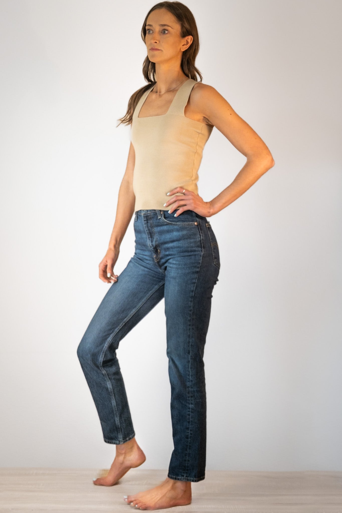 Square Neck Beige Tank Top