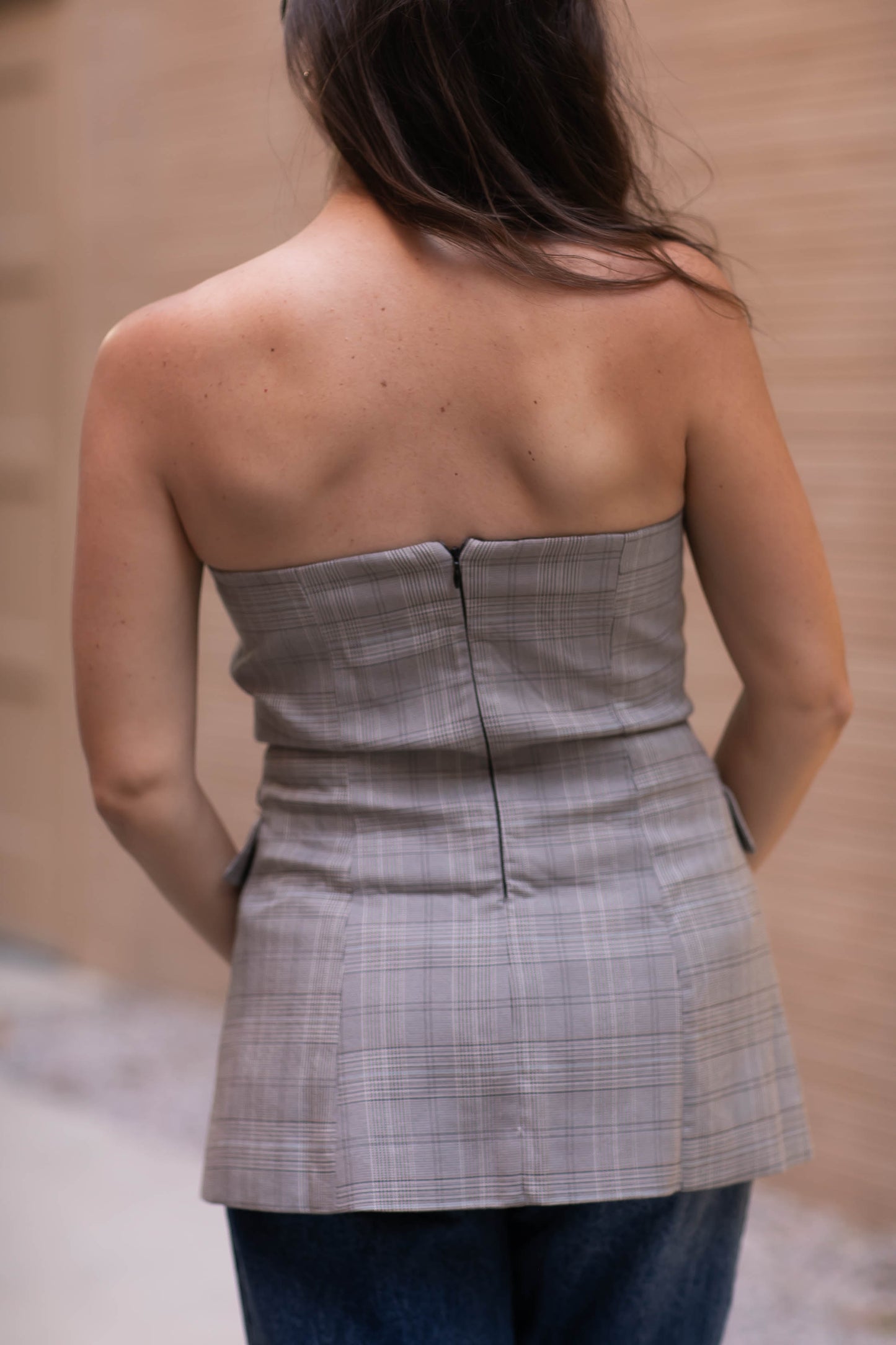 Split Front Herringbone Strapless Top