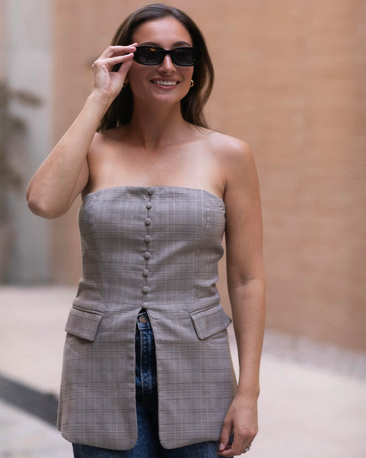 Split Front Herringbone Strapless Top