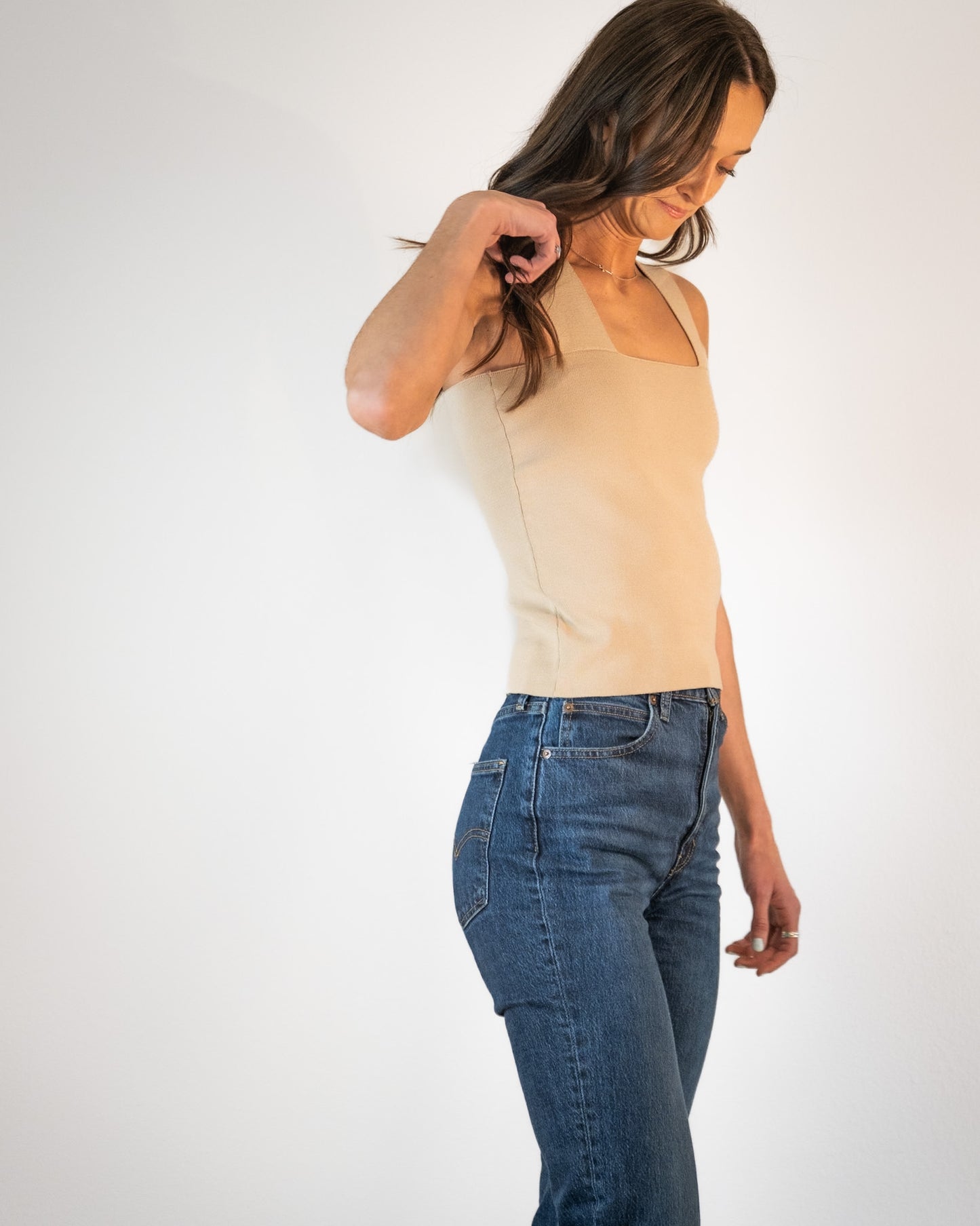 Square Neck Beige Tank Top