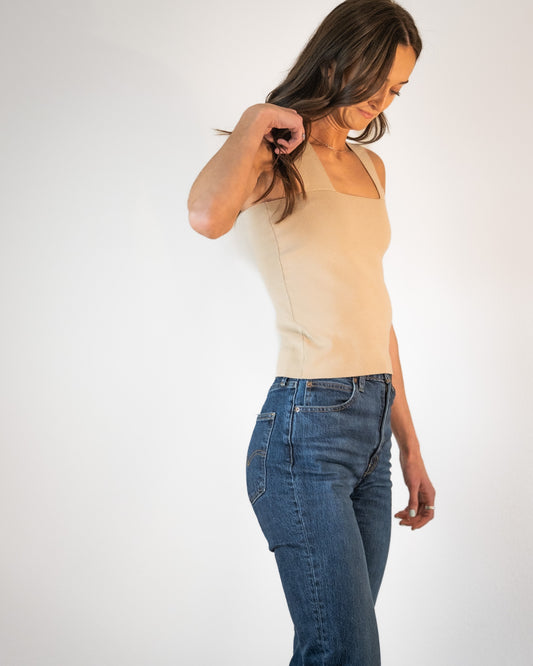 Square Neck Beige Tank Top