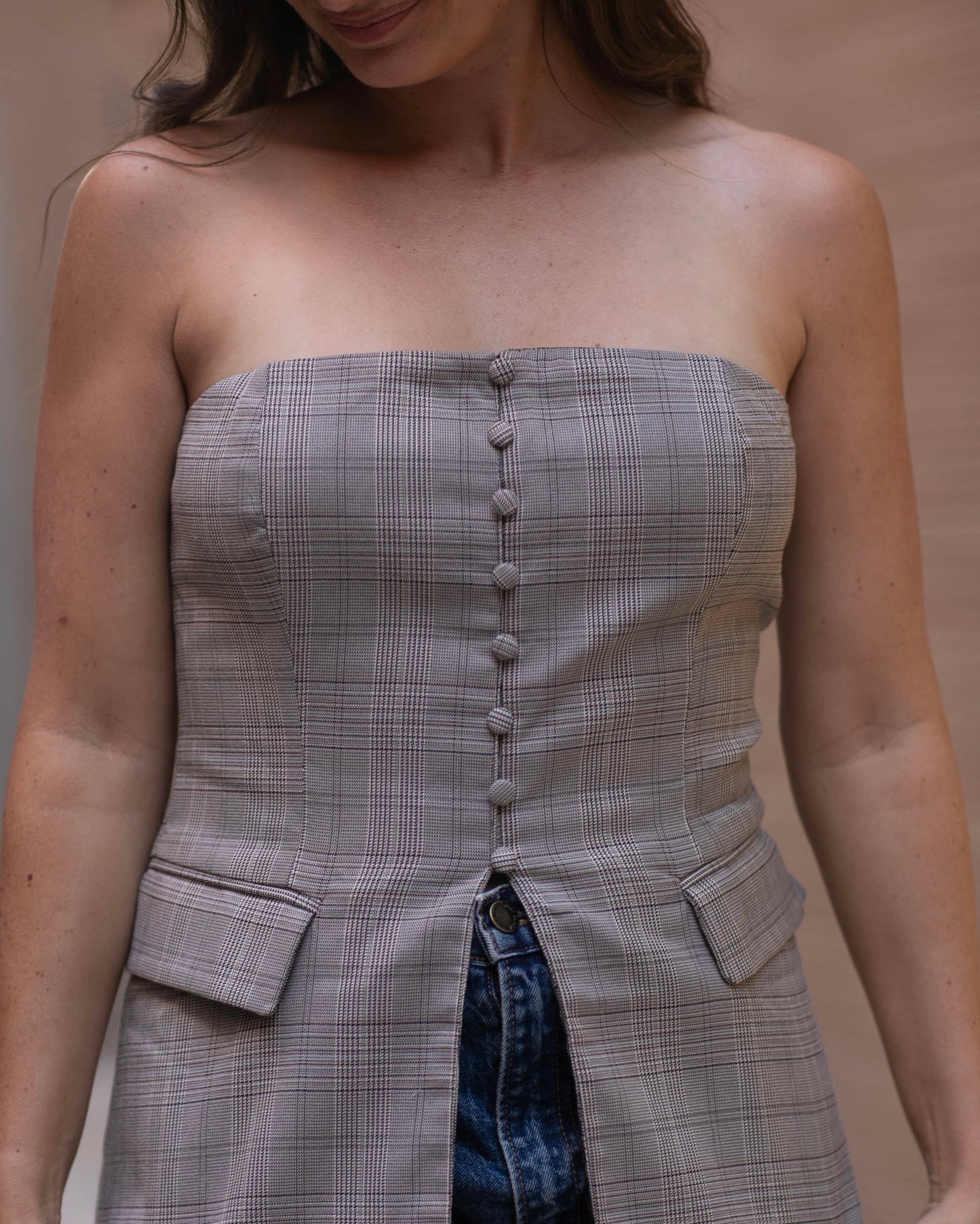 Split Front Herringbone Strapless Top